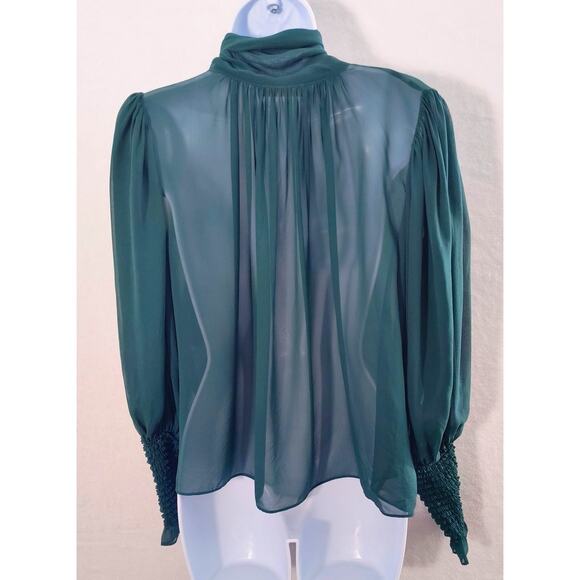 Ulla Johnson Lesli Silk Chiffon Blouse Women's Sz 6 Green Sheer Puff Sleeve Bow - Picture 4 of 14